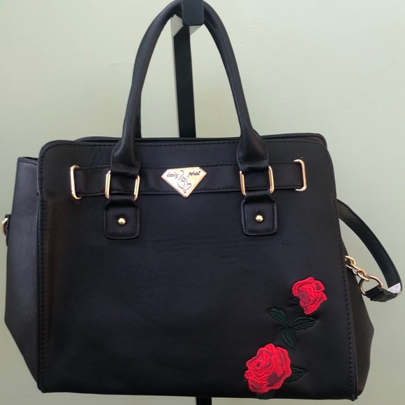 Baby Phat Handbags - Baby Phat Black Leather Bag w/Embroidered Roses